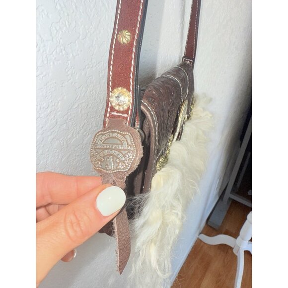 Montana Silversmiths Hand Tooled Leather Western Fur Crossbody Handbag Purse - Picture 3 of 11